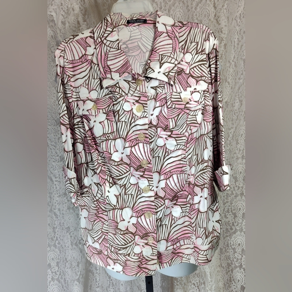Tribal Studio Pink and Brown Patterned Top Jean Jacket Style - Picture 1 of 2